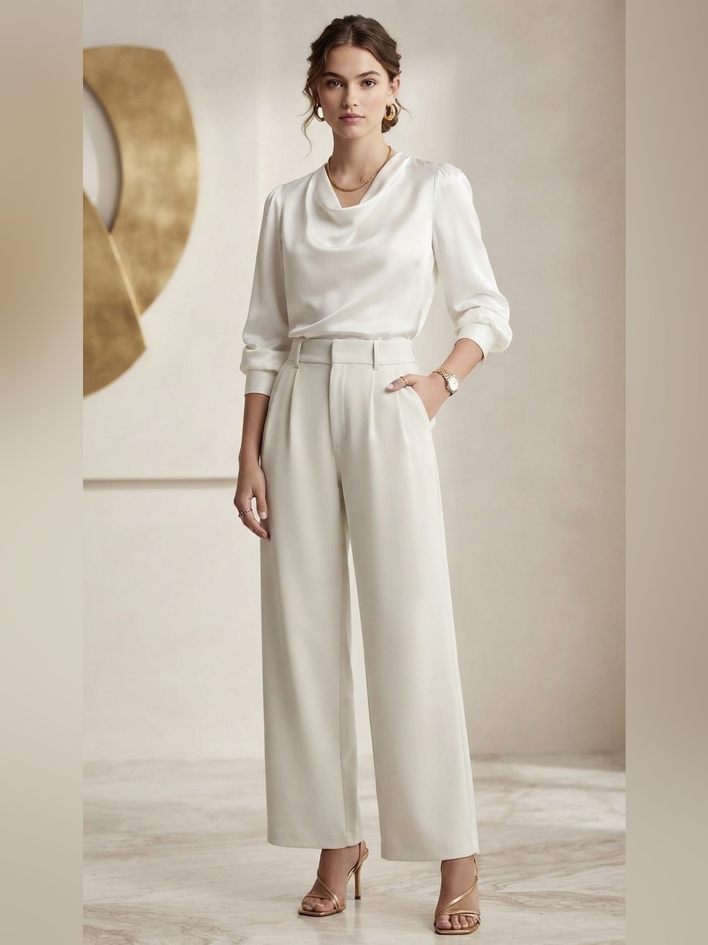 Noahella, High-Rise Cream Wide-Leg Trousers, size S, New